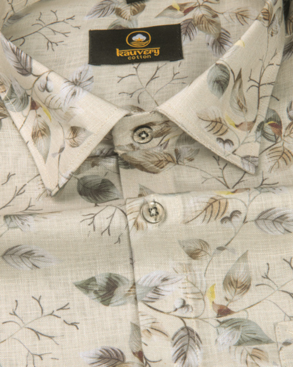 Pure Linen Digital Cream and Midnight Green Floral Men’s Shirt