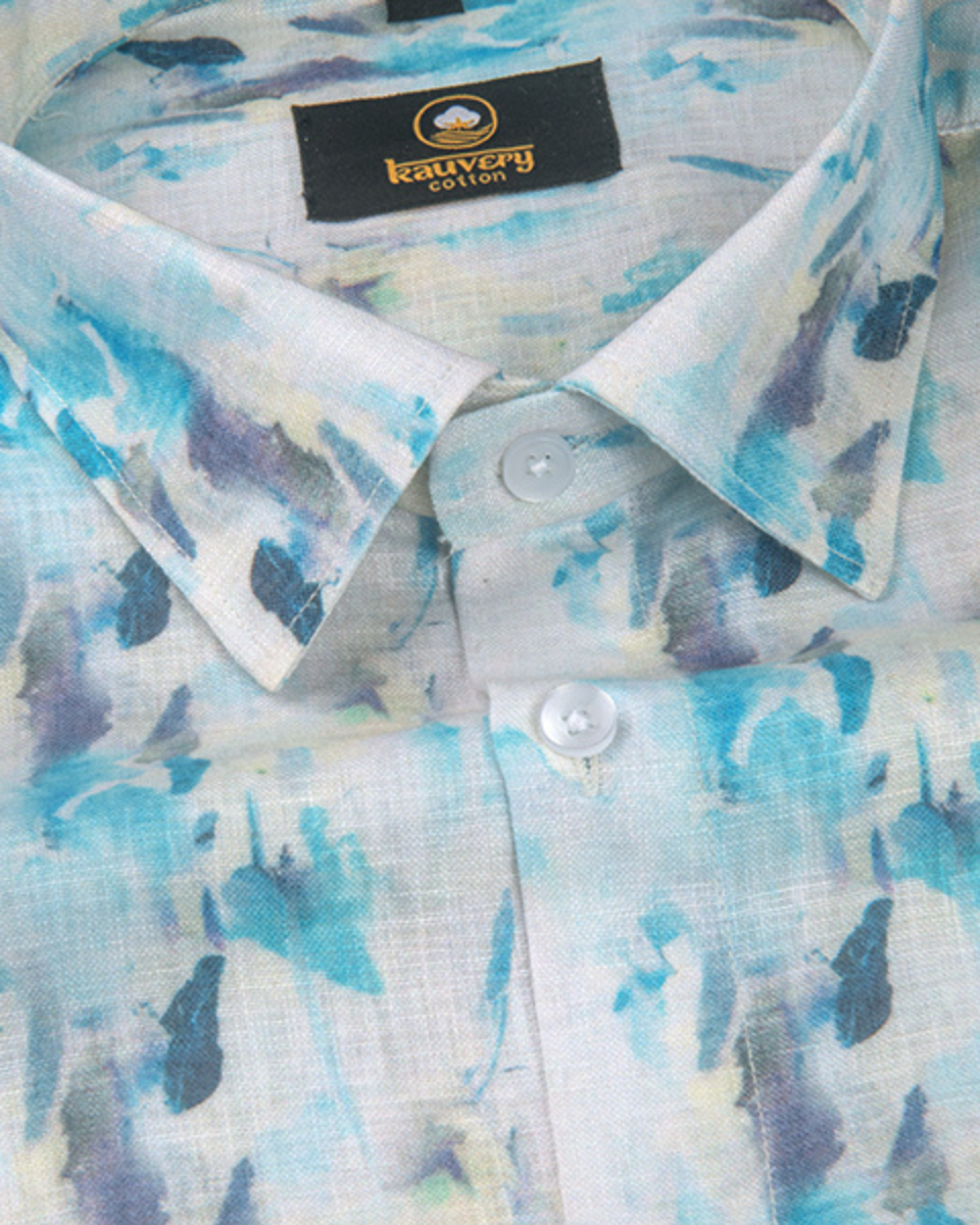Pure Linen Digital Cream, Ice Blue and Multicolour Men’s Shirt