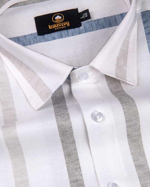 Linen Digital Printed Stiff Lining White with Grey Blue Stripe Shirt for Men
