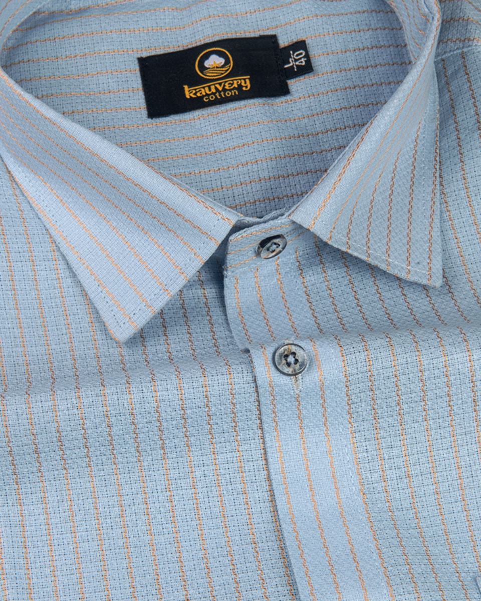 Linen Jute Striped Golden Line Light Blue Colour Shirt for Men