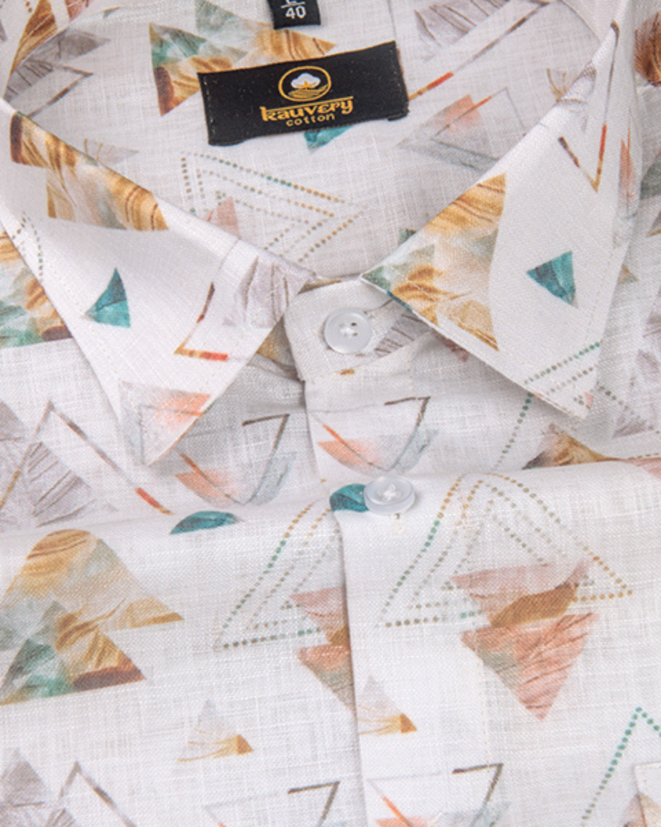 Pure Linen Digital Triangle Print White Base Rust with Rama Colour Shirt for Men