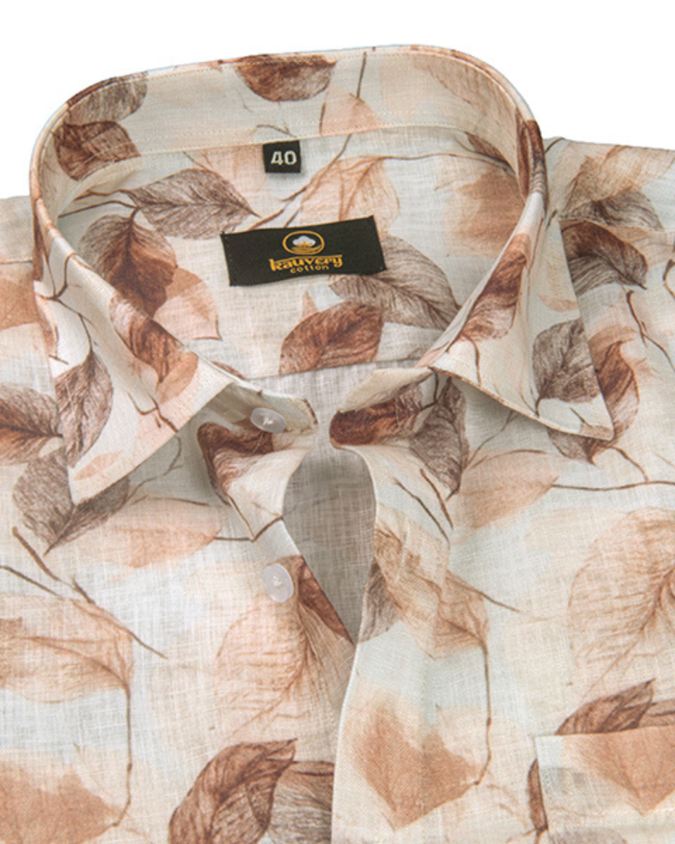 Pure Linen Digital Cream with Rust Floral Men’s Shirt