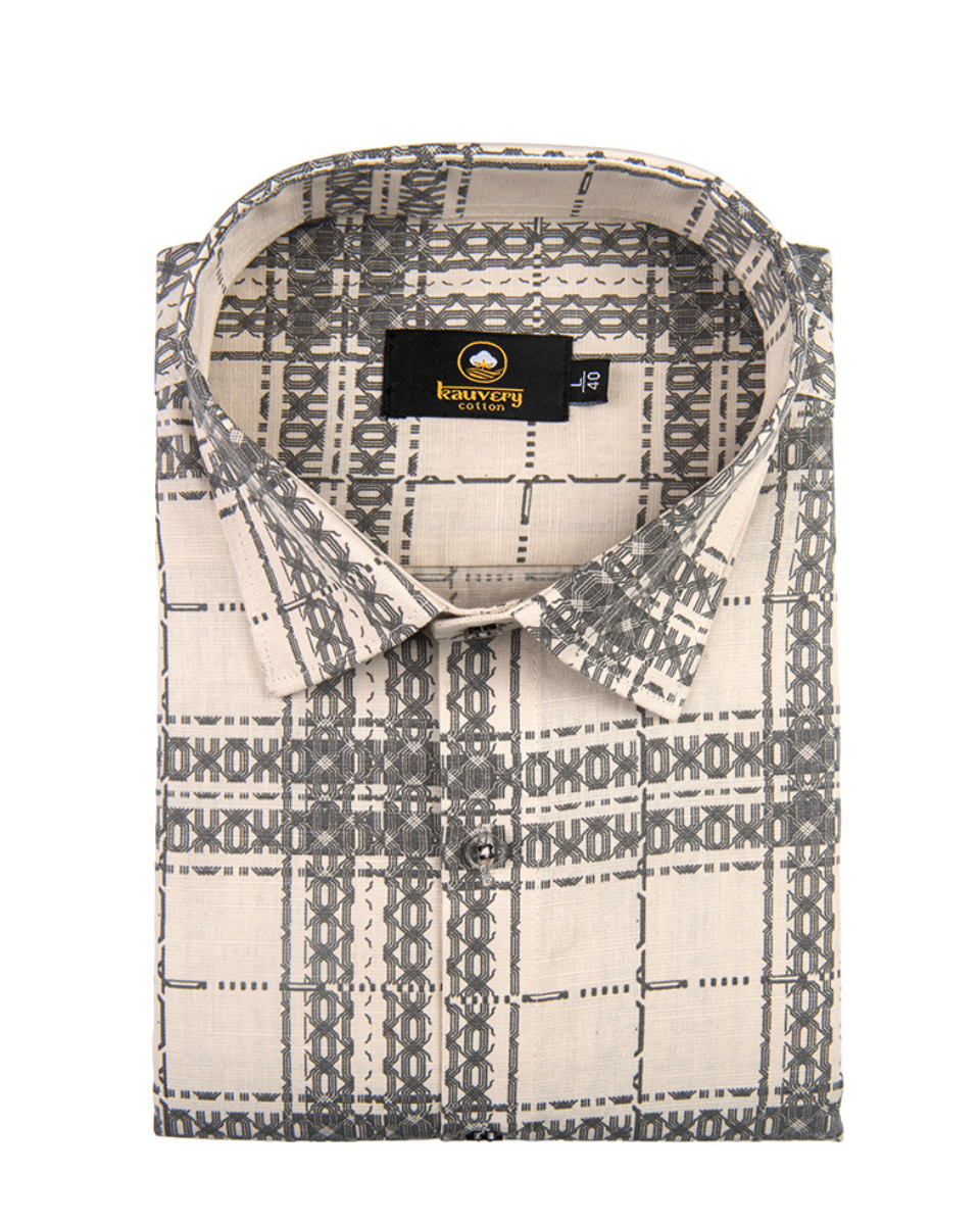 Linen Digital Printed Cream with Grey Colour Shirt for Men
