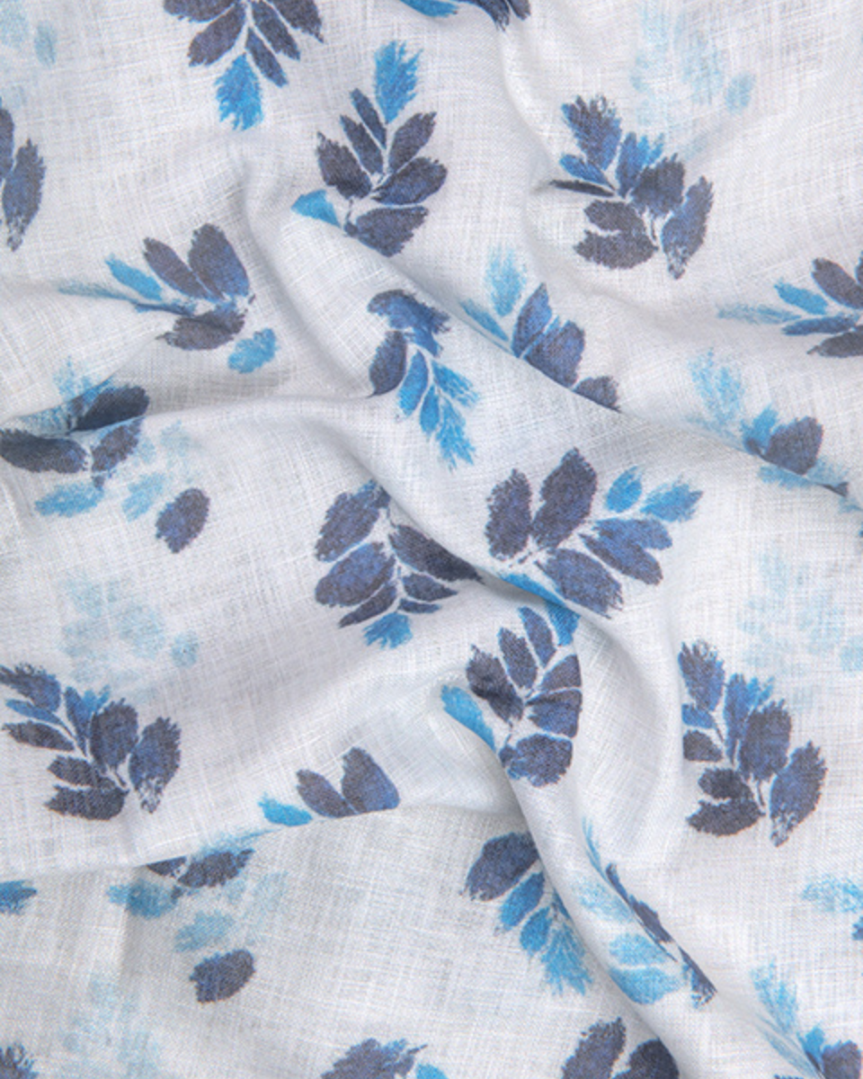 Pure Linen Digital Print Blue with Navy Blue on White Base Men’s Shirt
