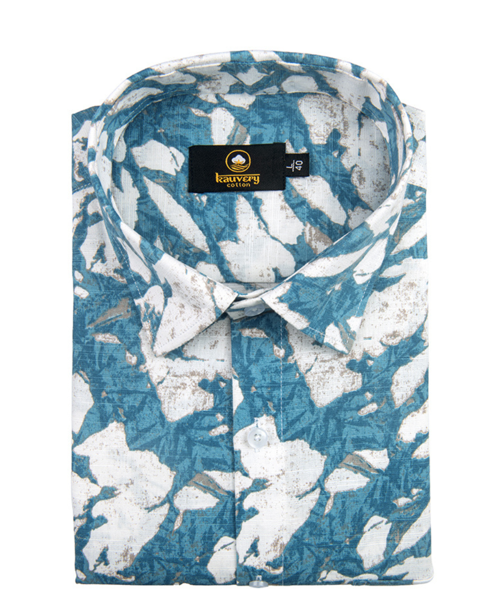 Linen Digital Printed White with Sky Blue Colour Shirt for Men