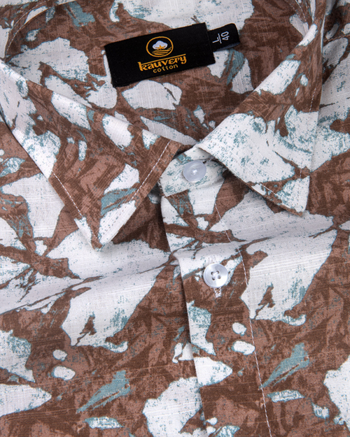Linen Digital Printed White with Brown Colour Shirt for Men