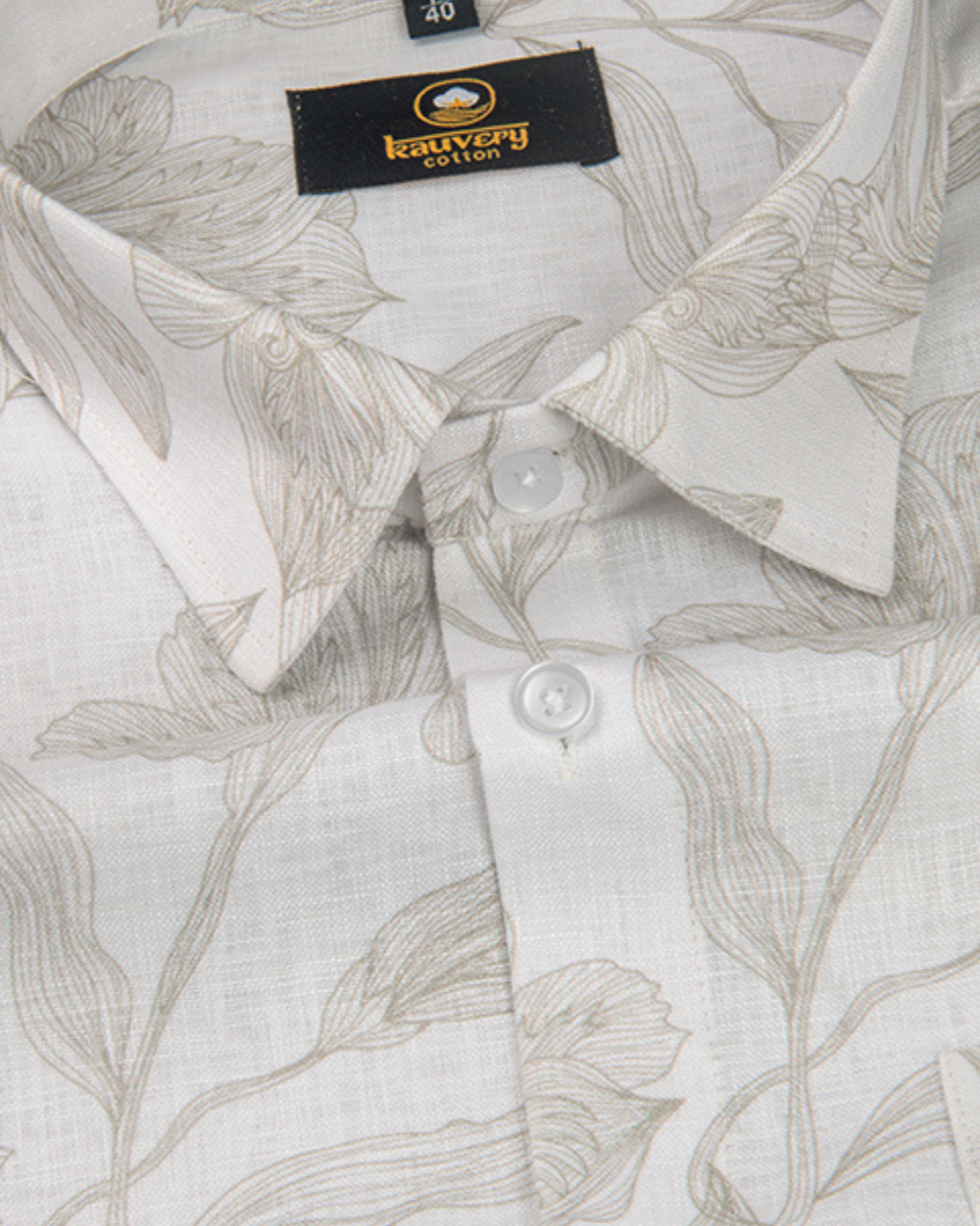 Pure Linen Digital Cream and Brown Floral Men’s Shirt