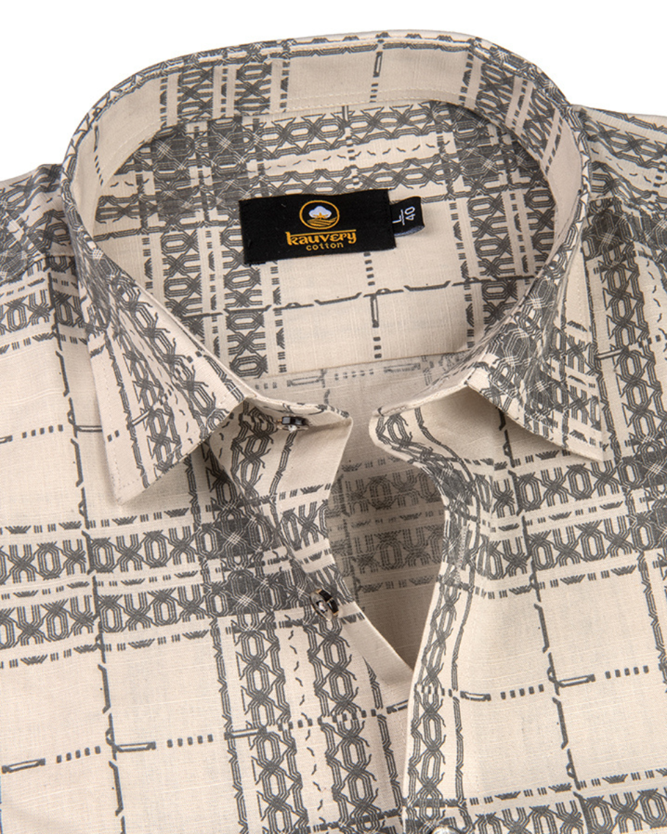 Linen Digital Printed Cream with Grey Colour Shirt for Men