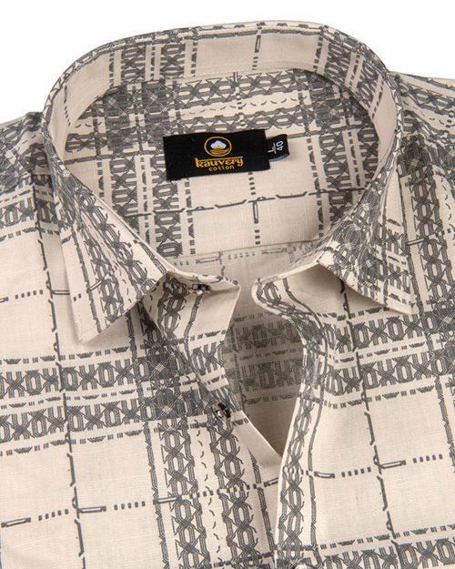 Linen Digital Printed Cream with Grey Colour Shirt for Men