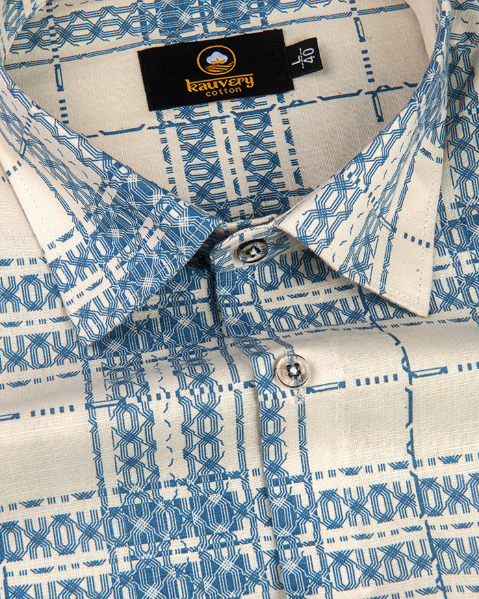 Linen Digital Printed Cream with Sky Blue Colour Shirt for Men