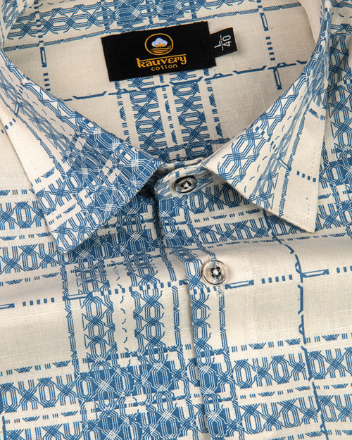 Linen Digital Printed Cream with Sky Blue Colour Shirt for Men