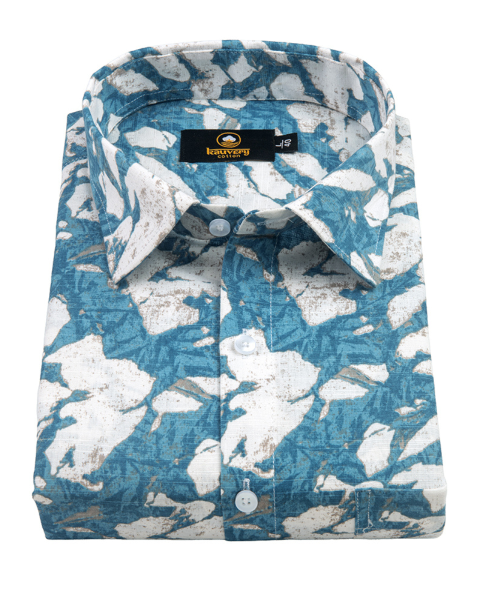 Linen Digital Printed White with Sky Blue Colour Shirt for Men