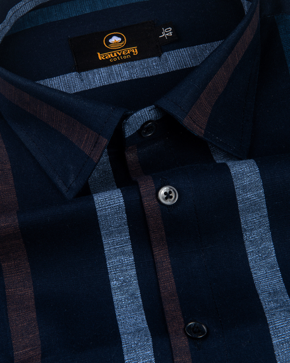 Linen Digital Printed Stiff Lining Navy Blue with Brown Colour Shirt for Men