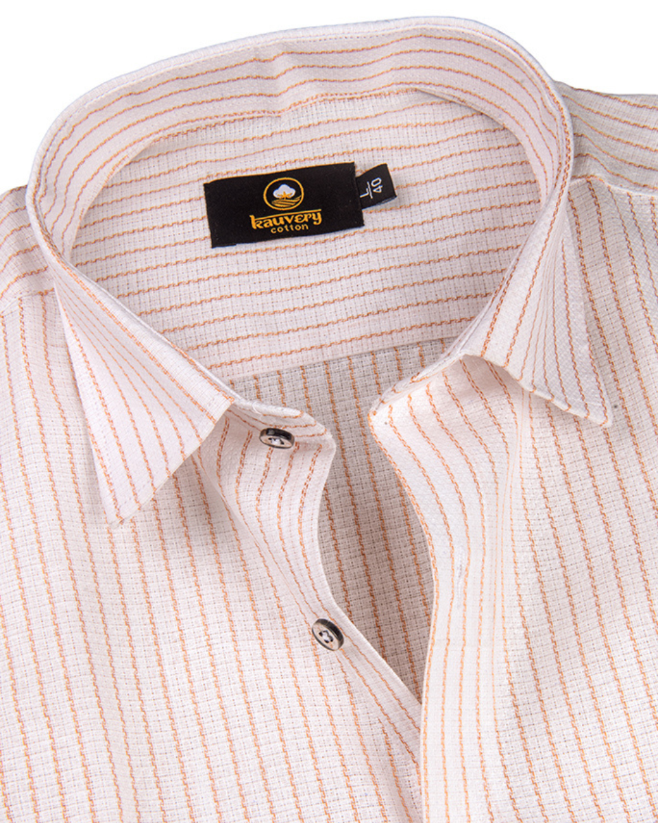 Linen Jute Striped Golden Line Pure White Colour Shirt for Men