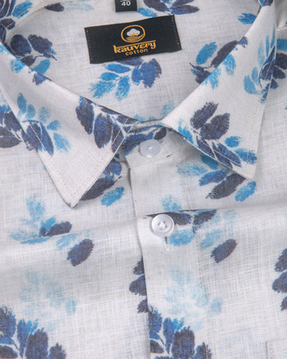 Pure Linen Digital Print Blue with Navy Blue on White Base Men’s Shirt