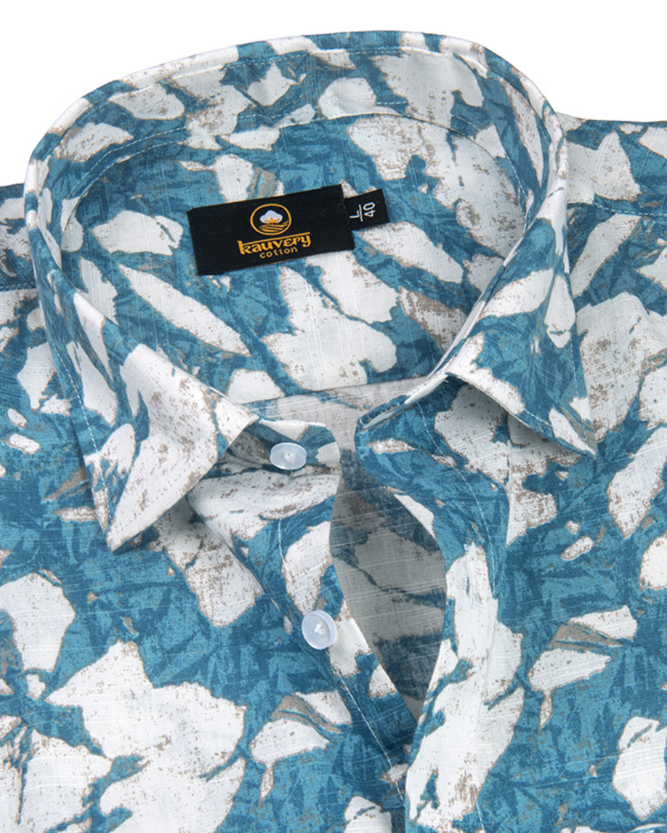 Linen Digital Printed White with Sky Blue Colour Shirt for Men