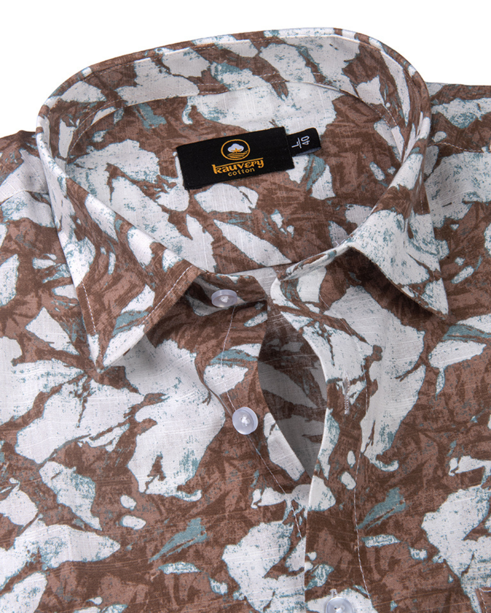 Linen Digital Printed White with Brown Colour Shirt for Men