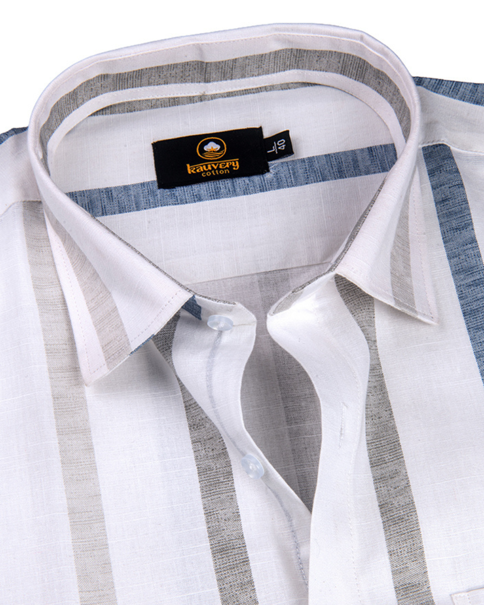 Linen Digital Printed Stiff Lining White with Grey Blue Stripe Shirt for Men