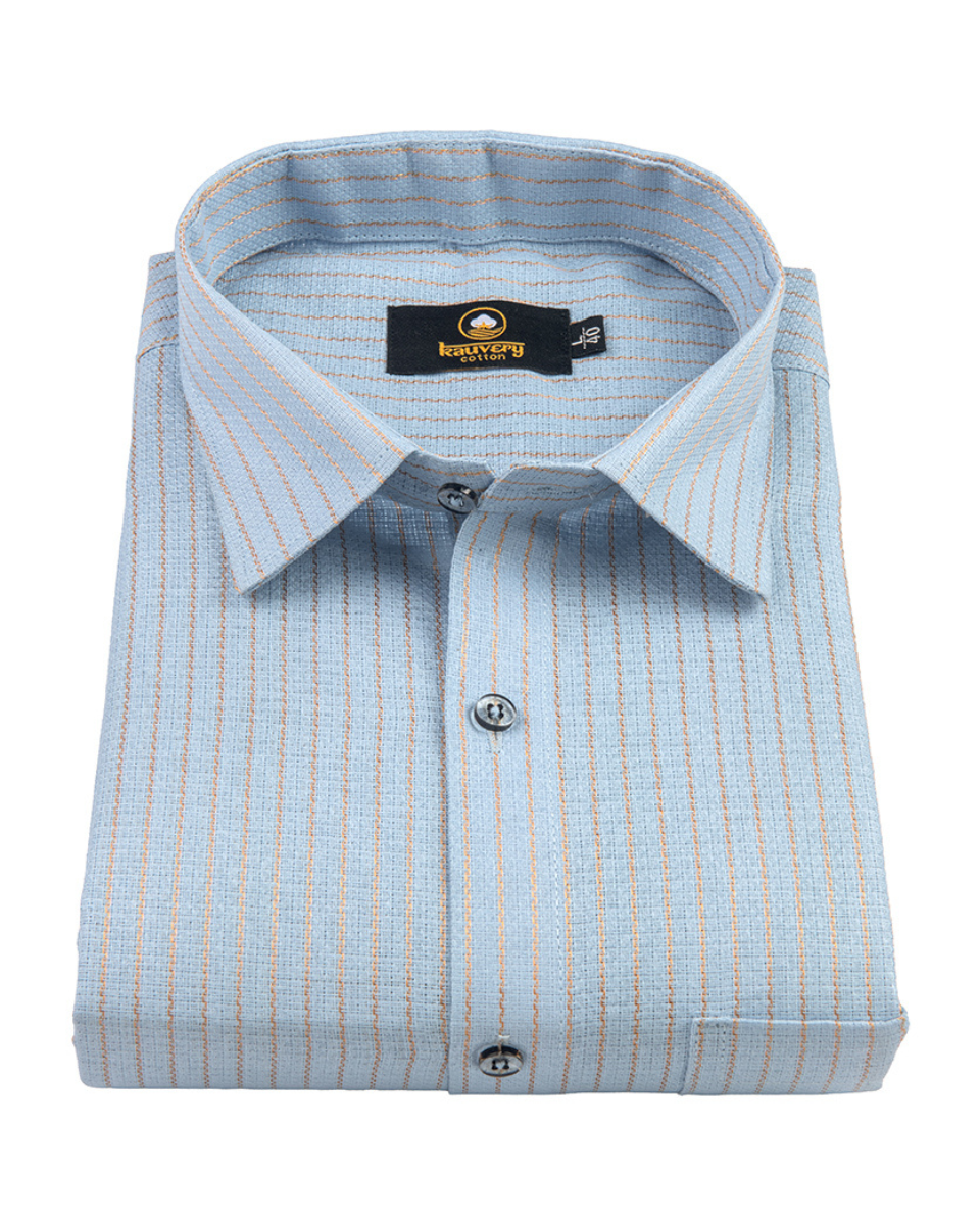 Linen Jute Striped Golden Line Light Blue Colour Shirt for Men