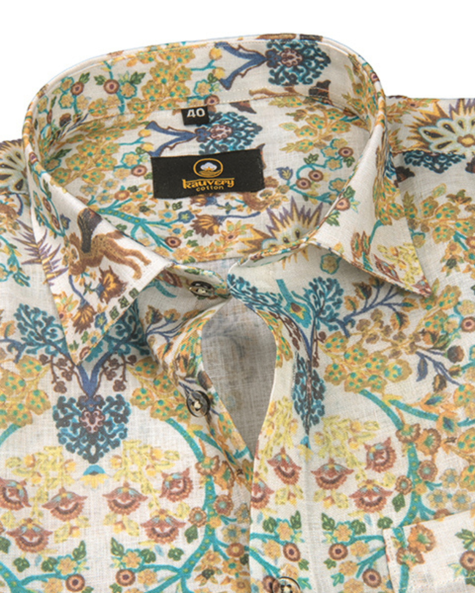 Pure Linen Digital Multicolour Print on Cream Base Men’s Shirt
