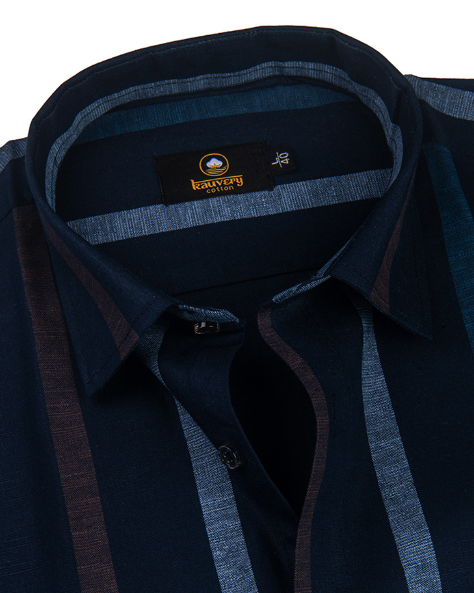 Linen Digital Printed Stiff Lining Navy Blue with Brown Colour Shirt for Men