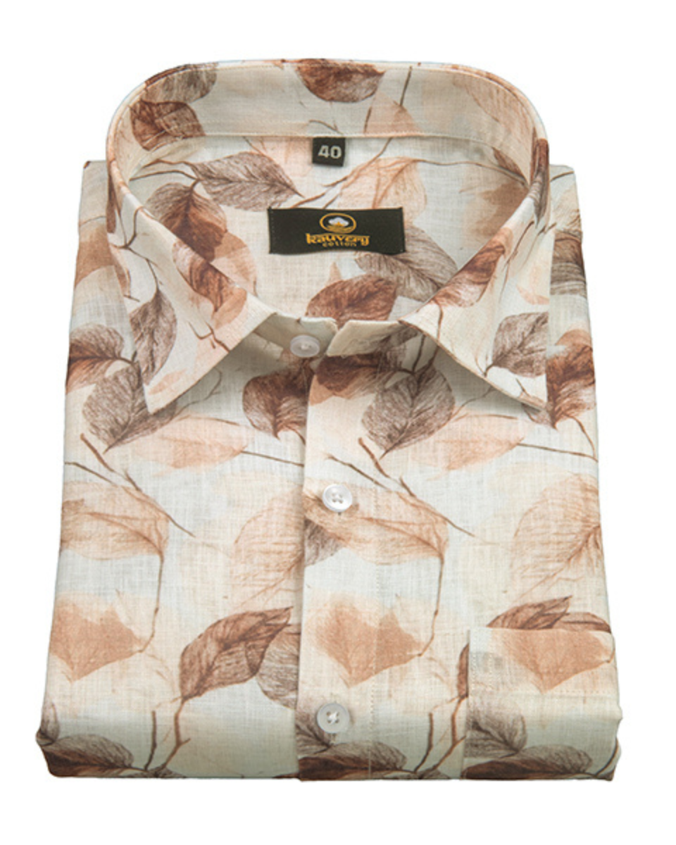 Pure Linen Digital Cream with Rust Floral Men’s Shirt