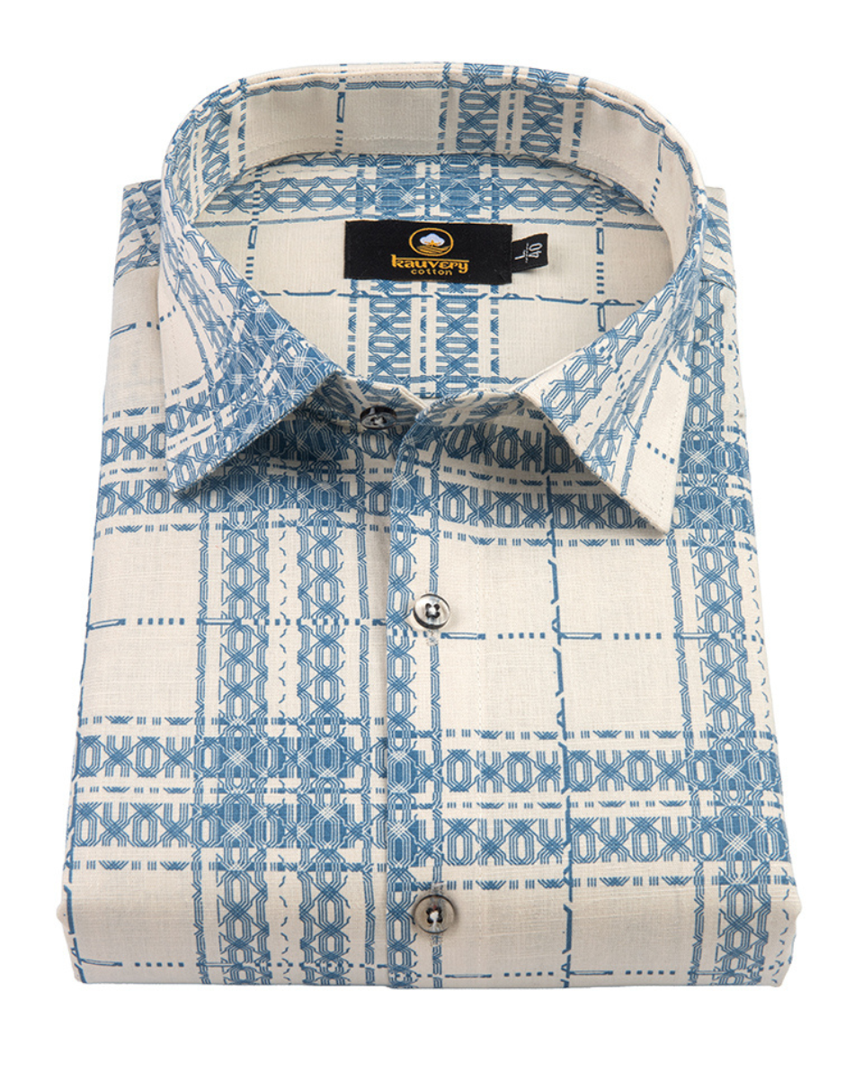 Linen Digital Printed Cream with Sky Blue Colour Shirt for Men