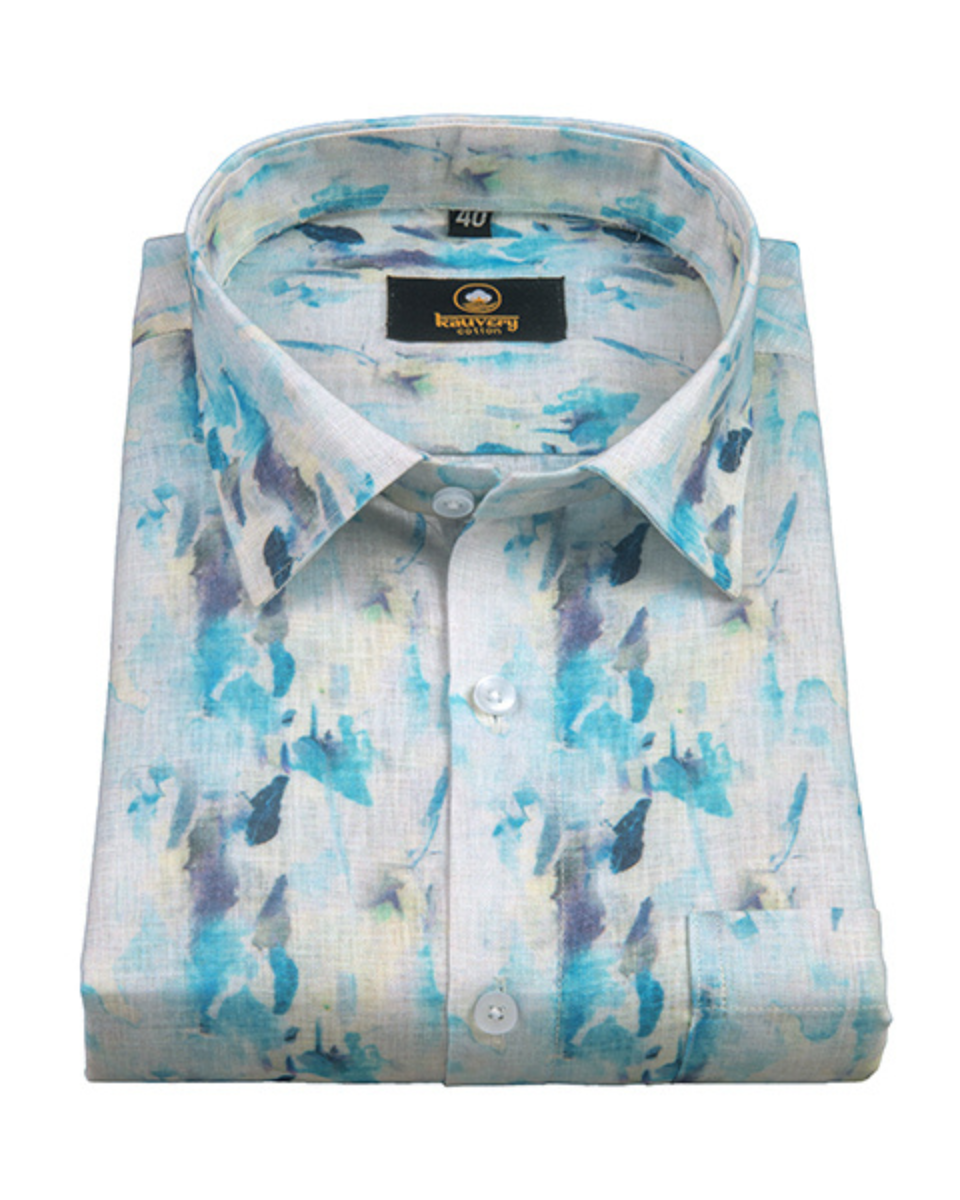 Pure Linen Digital Cream, Ice Blue and Multicolour Men’s Shirt