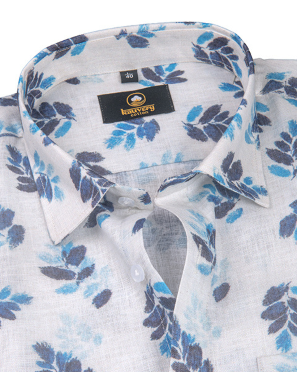 Pure Linen Digital Print Blue with Navy Blue on White Base Men’s Shirt