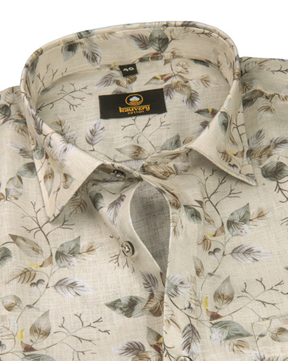 Pure Linen Digital Cream and Midnight Green Floral Men’s Shirt