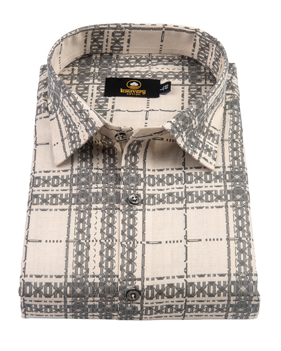 Linen Digital Printed Cream with Grey Colour Shirt for Men