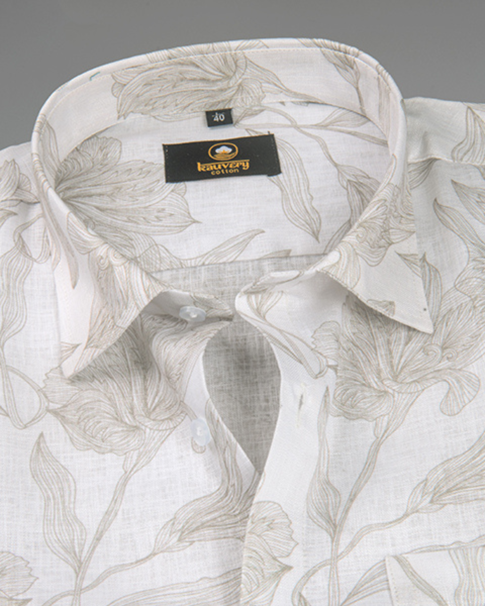 Pure Linen Digital Cream and Brown Floral Men’s Shirt