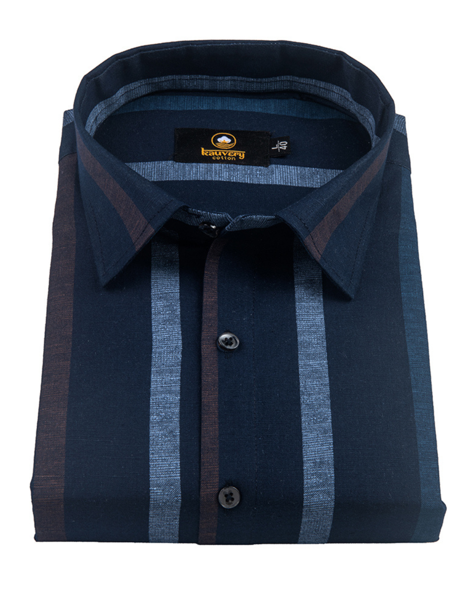 Linen Digital Printed Stiff Lining Navy Blue with Brown Colour Shirt for Men