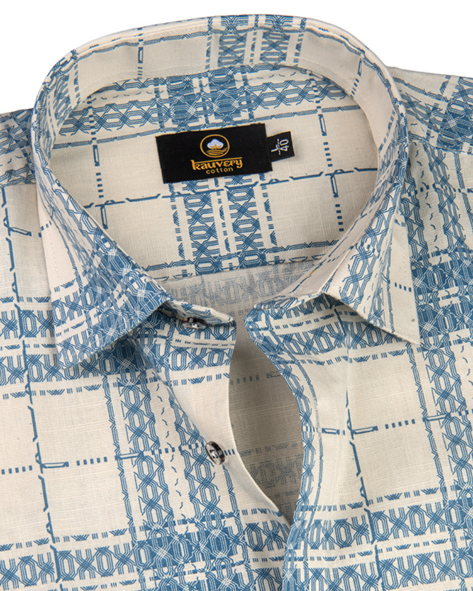 Linen Digital Printed Cream with Sky Blue Colour Shirt for Men