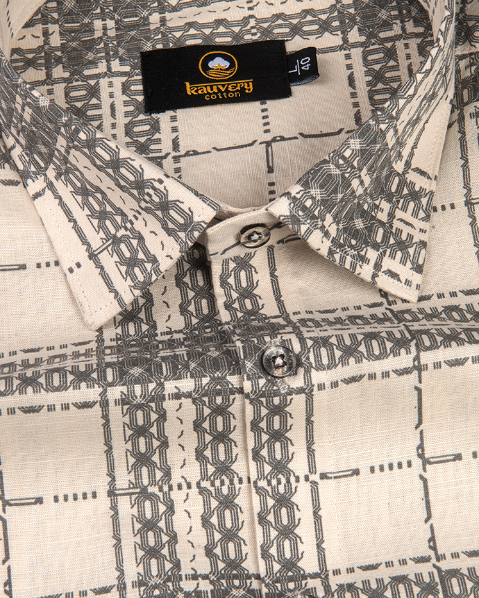 Linen Digital Printed Cream with Grey Colour Shirt for Men