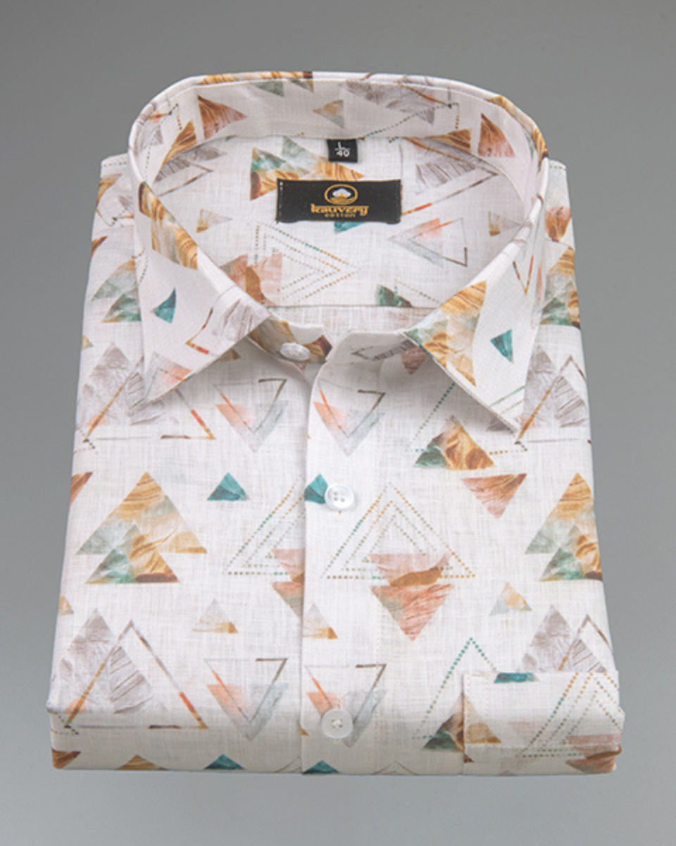 Pure Linen Digital Triangle Print White Base Rust with Rama Colour Shirt for Men
