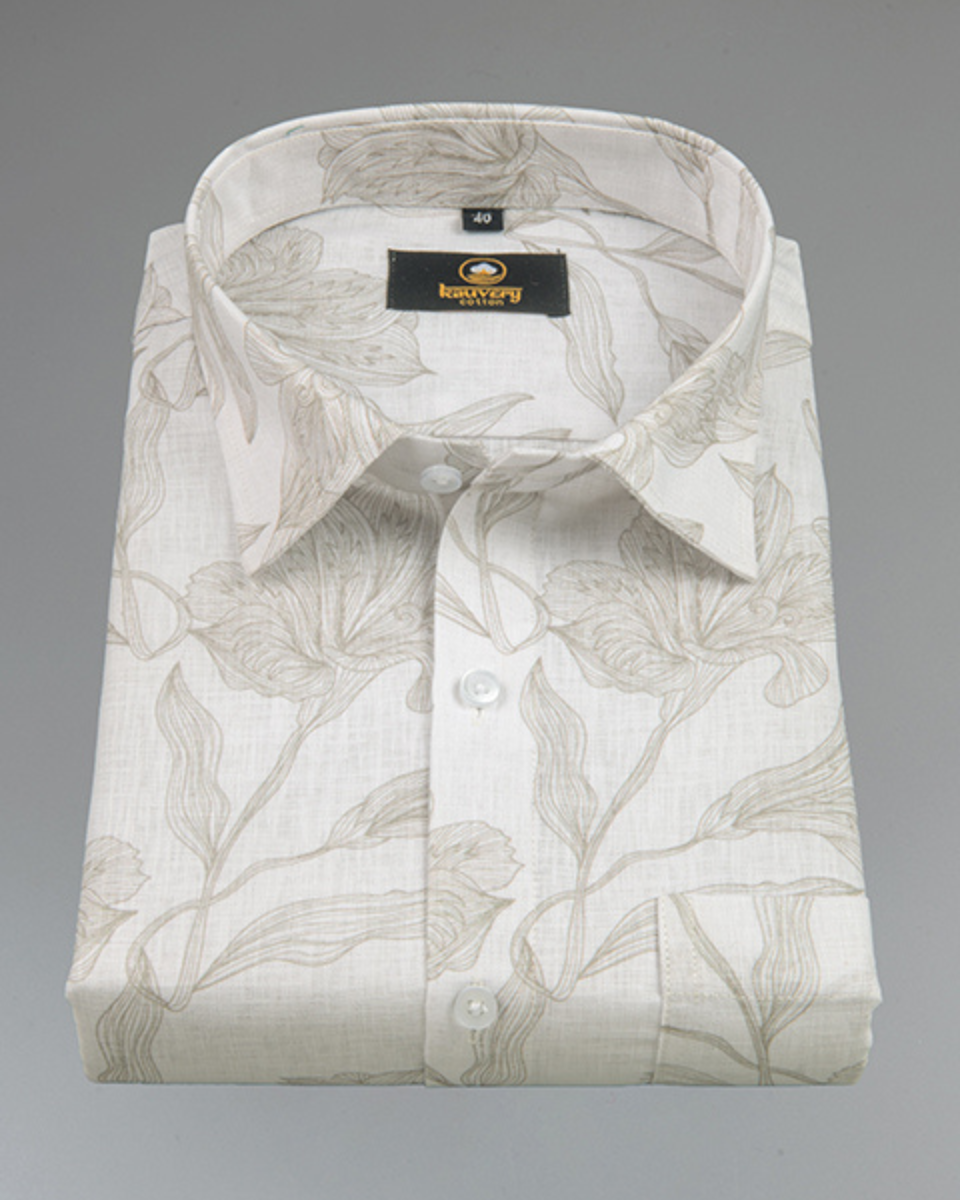 Pure Linen Digital Cream and Brown Floral Men’s Shirt