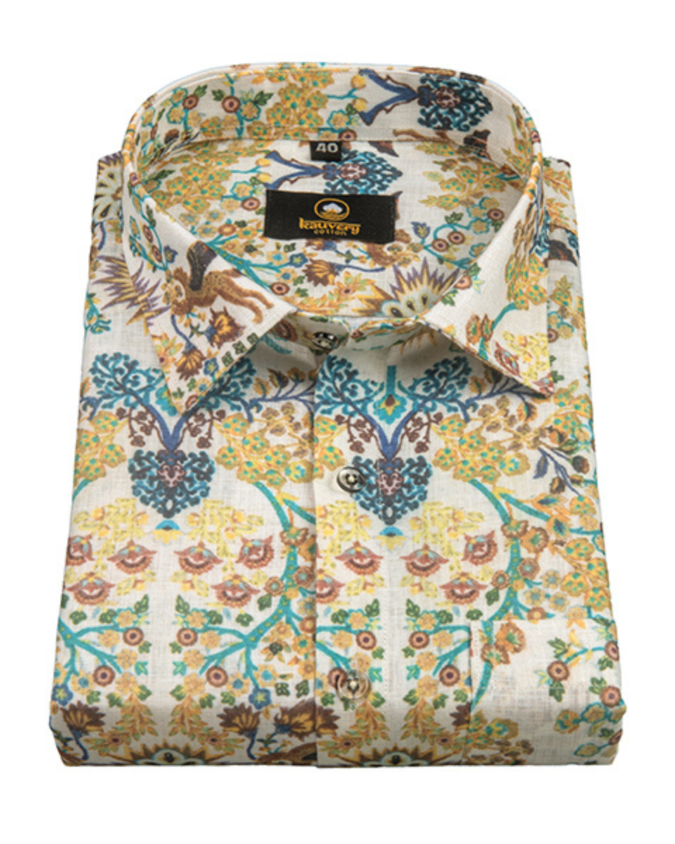 Pure Linen Digital Multicolour Print on Cream Base Men’s Shirt