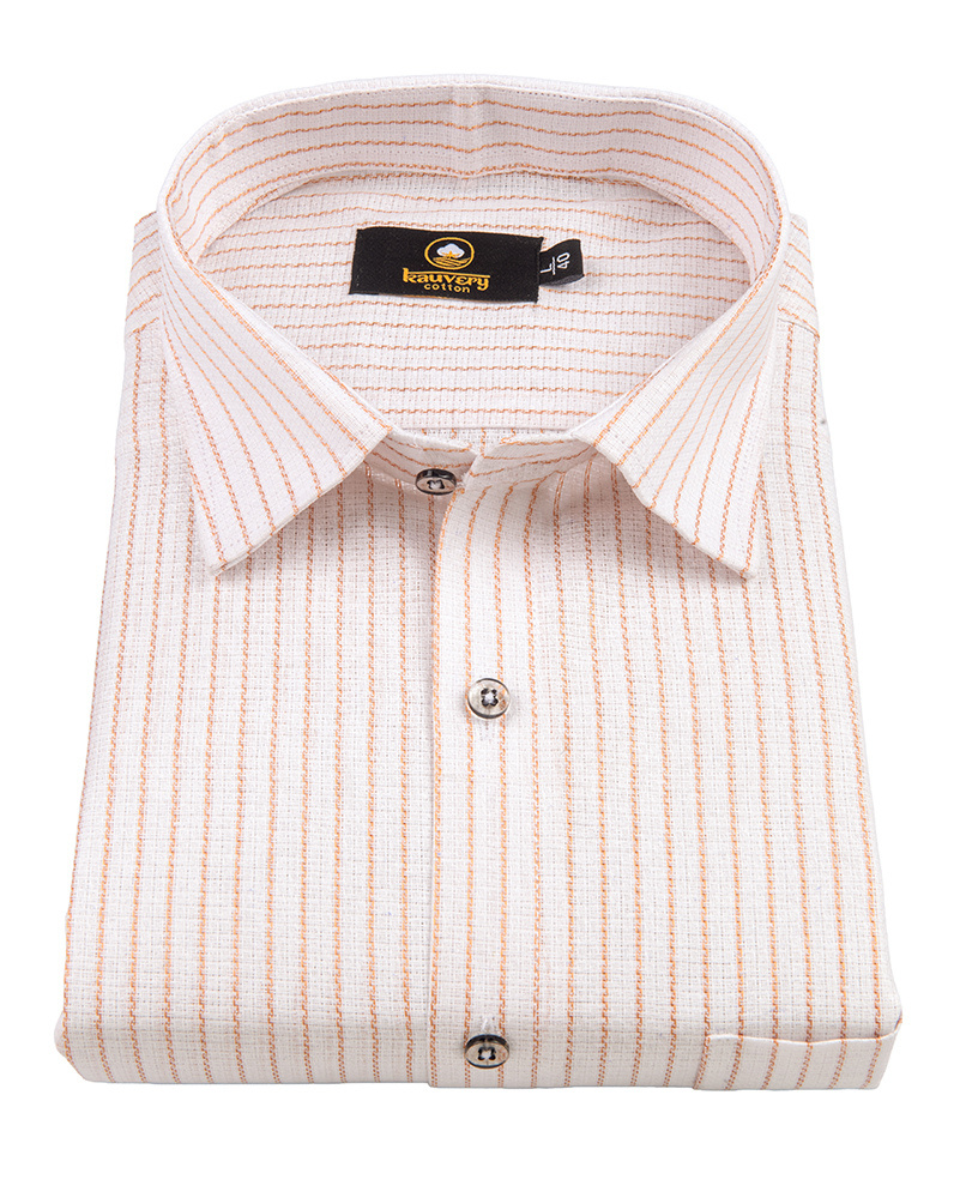 Linen Jute Striped Golden Line Pure White Colour Shirt for Men