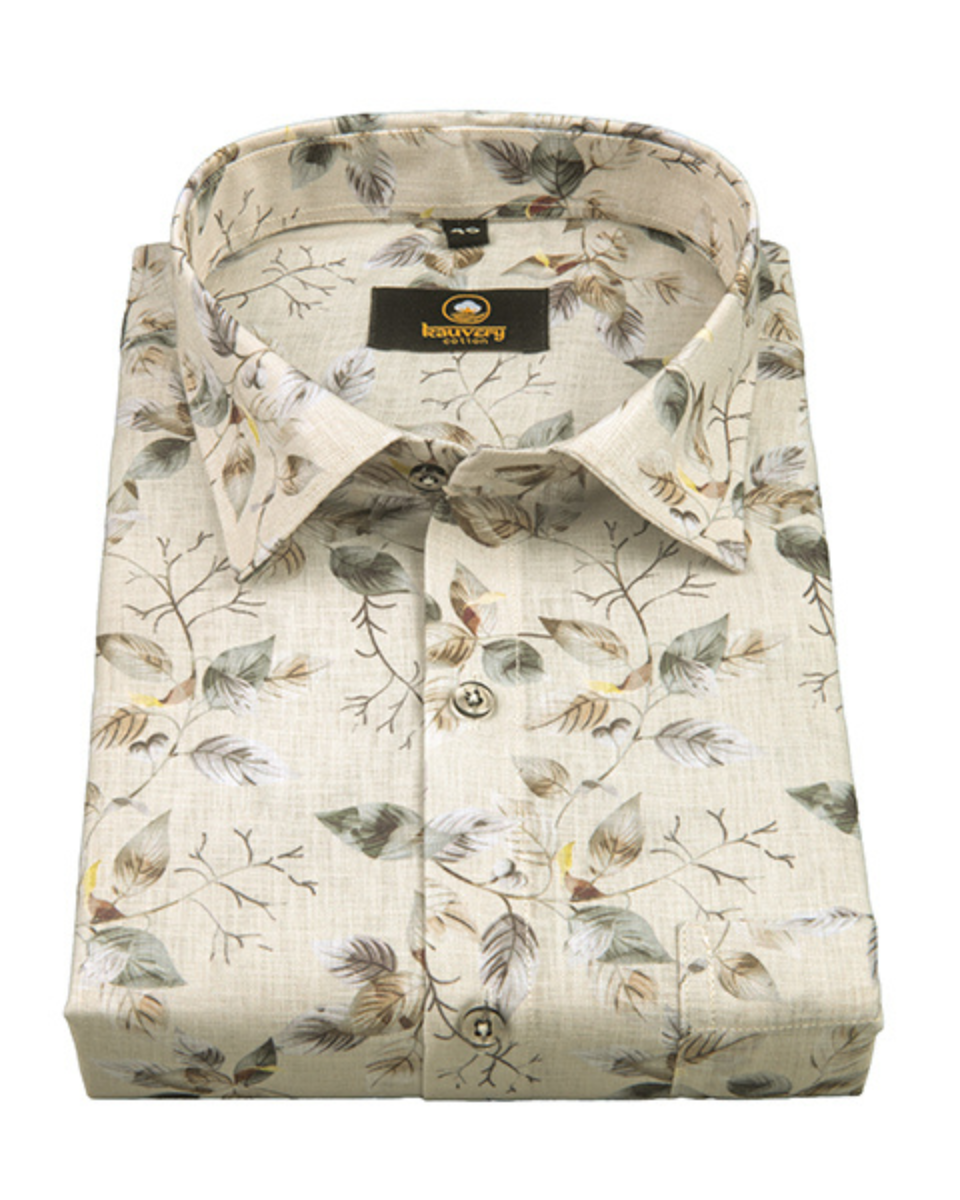 Pure Linen Digital Cream and Midnight Green Floral Men’s Shirt