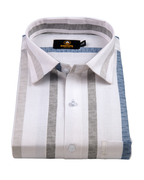 Linen Digital Printed Stiff Lining White with Grey Blue Stripe Shirt for Men