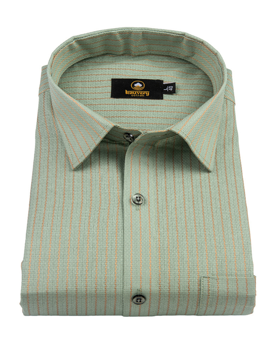 Linen Jute Striped Golden Line Pista Colour Shirt for Men