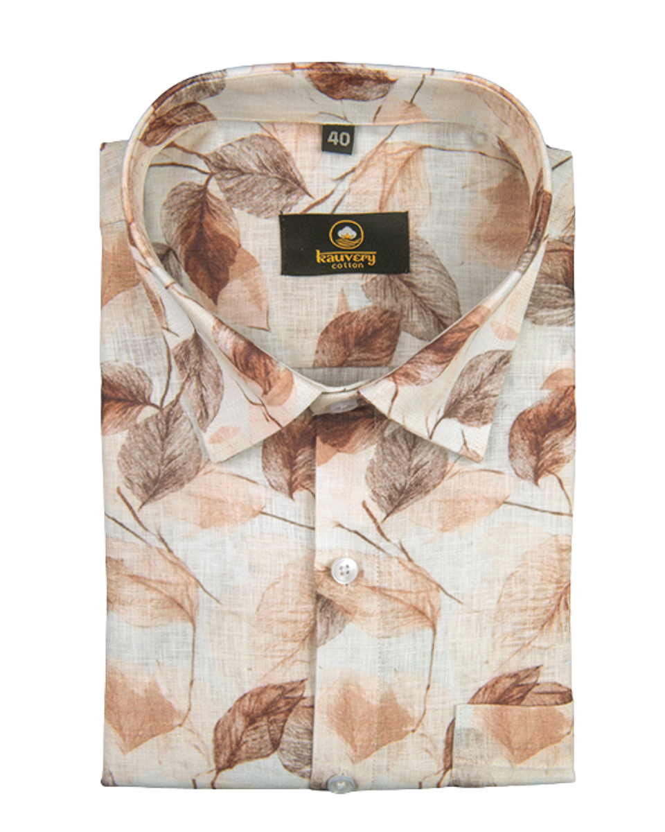 Pure Linen Digital Cream with Rust Floral Men’s Shirt