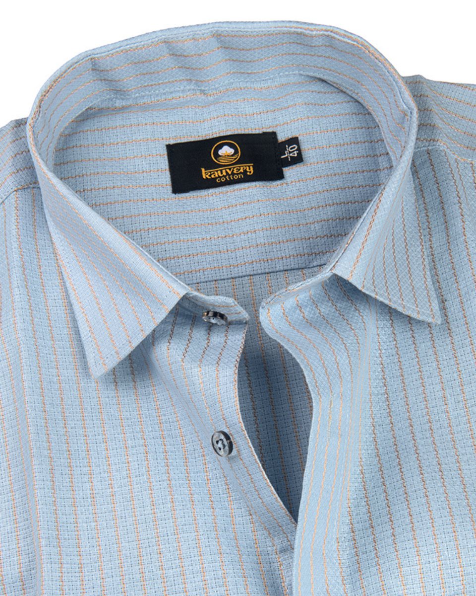 Linen Jute Striped Golden Line Light Blue Colour Shirt for Men