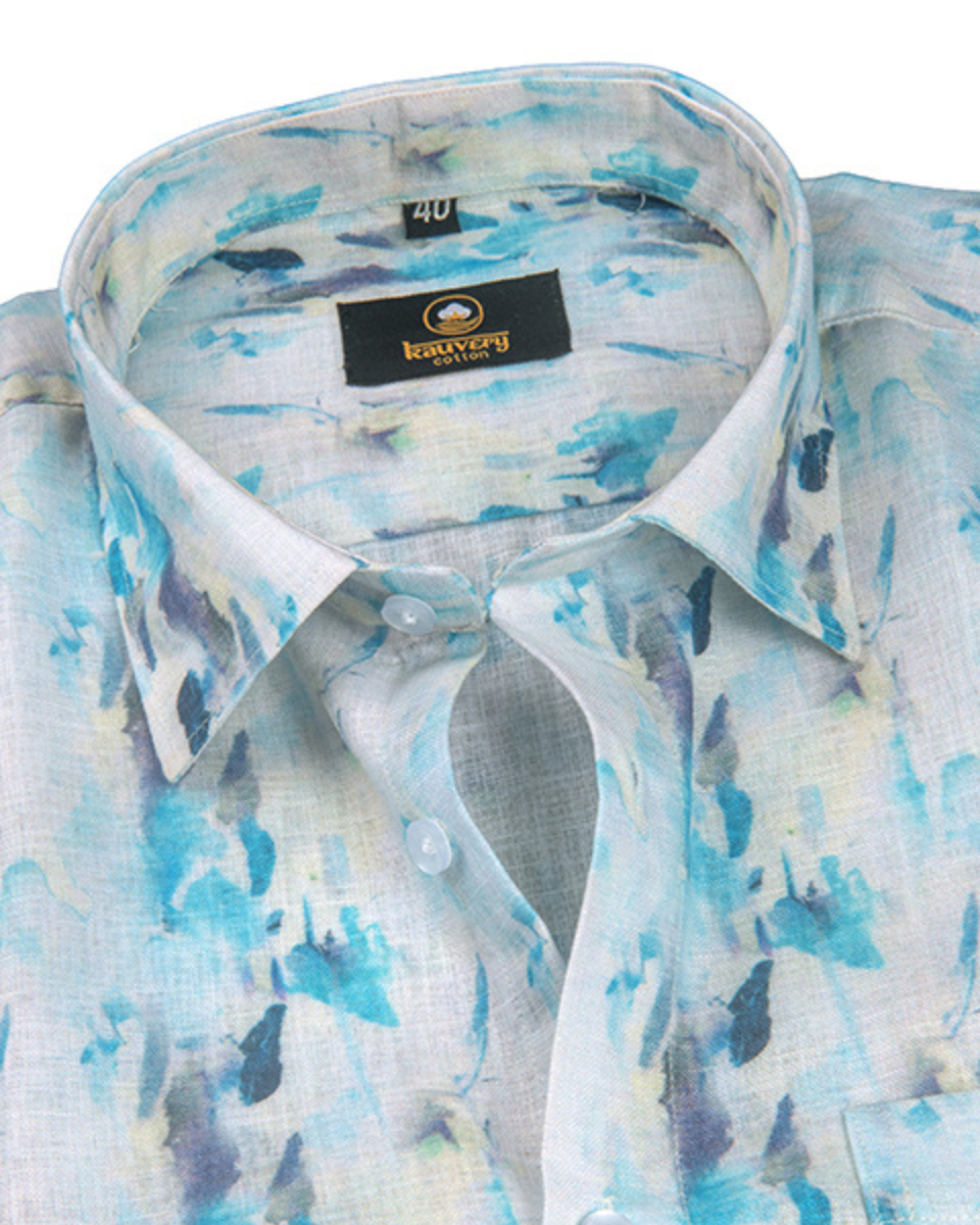 Pure Linen Digital Cream, Ice Blue and Multicolour Men’s Shirt