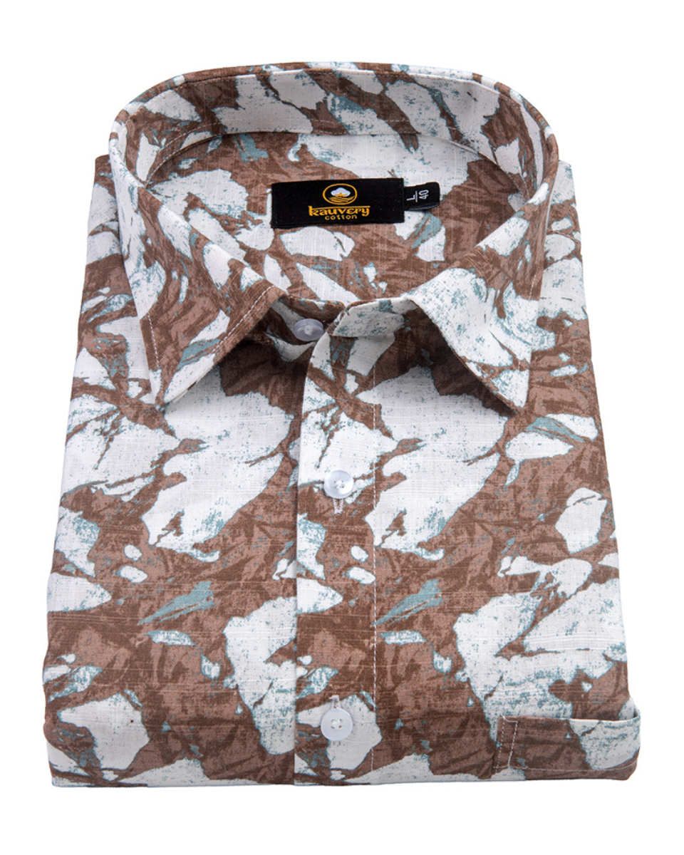 Linen Digital Printed White with Brown Colour Shirt for Men