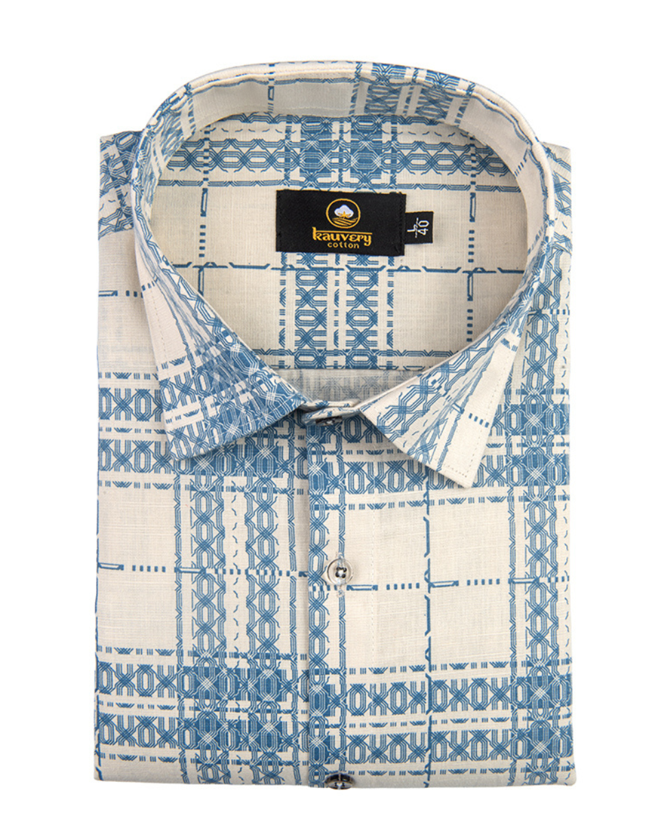 Linen Digital Printed Cream with Sky Blue Colour Shirt for Men