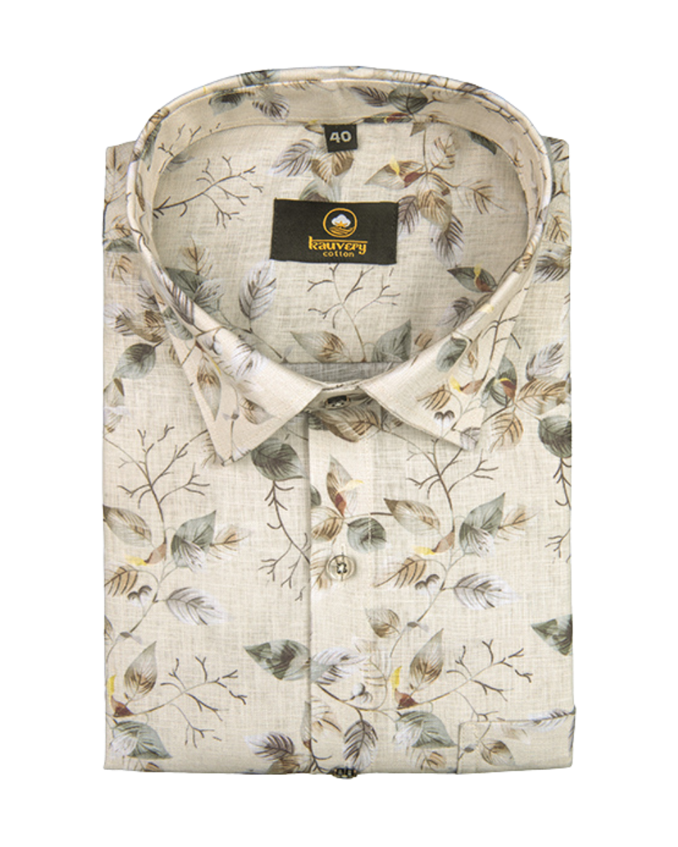 Pure Linen Digital Cream and Midnight Green Floral Men’s Shirt