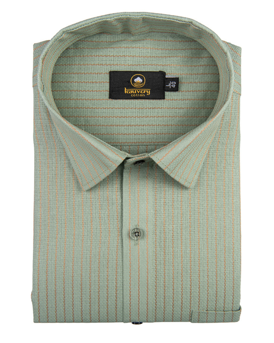 Linen Jute Striped Golden Line Pista Colour Shirt for Men