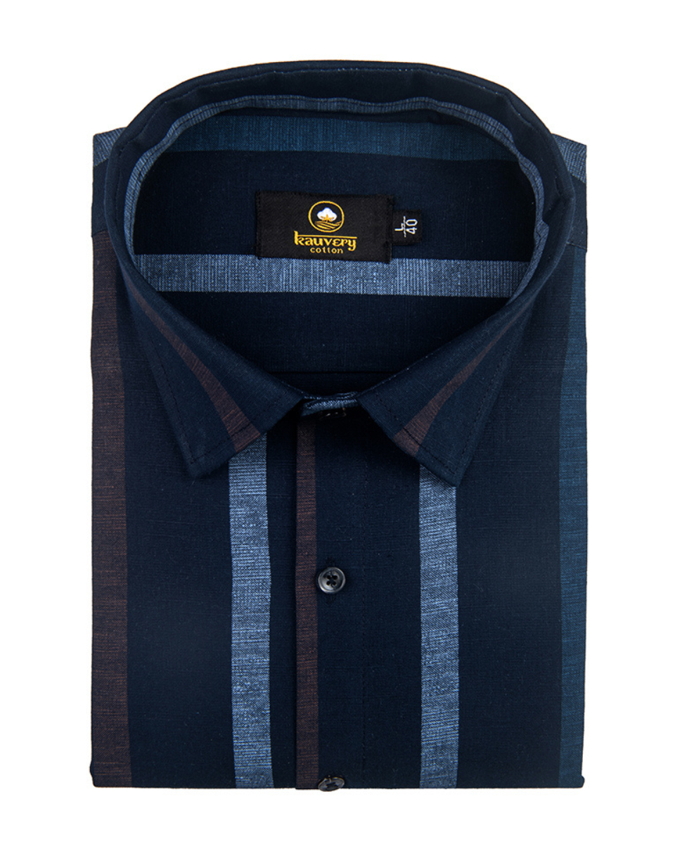 Linen Digital Printed Stiff Lining Navy Blue with Brown Colour Shirt for Men